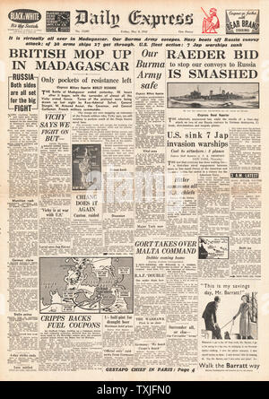 1942 front page Daily Express Battle for Madagascar, Battle of the Coral Sea and attacks on Arctic Convoys Stock Photo