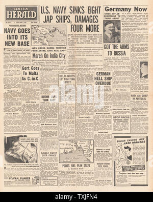 1942 front page Daily Herald Battle of the Coral Sea, Japanese Forces advance to Chittagong, Attacks on Arctic Convoys and General Gort is new Commander in Malta Stock Photo