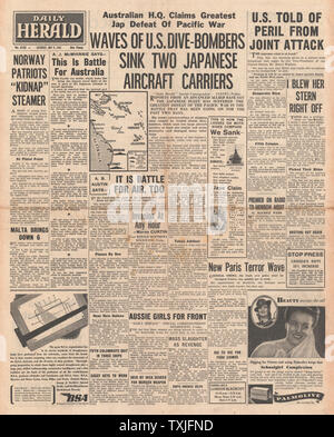 1942 front page Daily Herald Battle of the Coral Sea and Henry Wallace warns of Japanese Invasion of United States Stock Photo