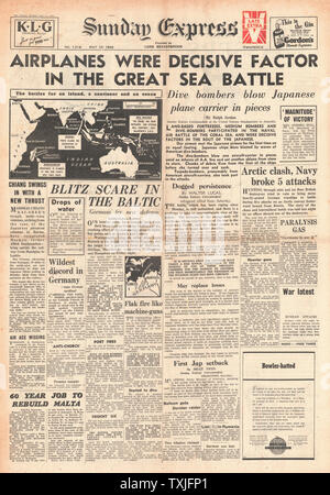 1942 front page Sunday Express U.S. Victory at Battle of the Coral Sea and RAF Bomb Baltic Port of Warnemunde Stock Photo