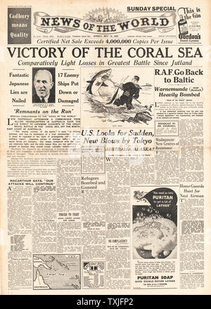 News of the World U.S. Victory at Battle of the Coral Sea and RAF Bomb Baltic Port of Warnemunde Stock Photo