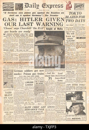 1942 front page Daily Express Churchill warns Hitler over use of Gas in Russia and U.S. Airforce Bomb Tokyo Stock Photo