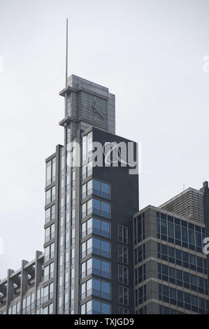 The Boeing logo hangs from the Boeing Building, international headquarters for the Boeing Company, in Chicago on March 31, 2011. Boeing moved its corporate headquarters to Chicago from Seattle in 2001.     UPI/Brian Kersey Stock Photo