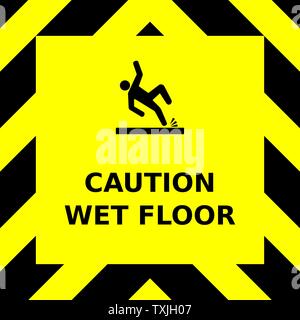 Seamless vector graphic of black upward pointing chevrons on a yellow background with the wording Caution Wet Floor and an icon of a man slipping over Stock Vector