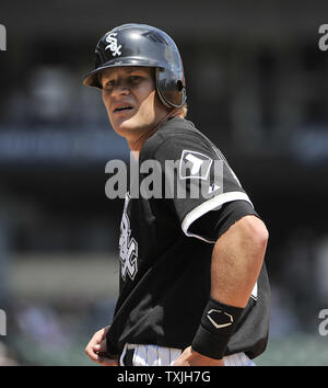 Chicago White Sox's Gordon Beckham stands on first base after hitting a single during the second inning at U.S. Cellular Field in Chicago on May 22, 2011.     UPI/Brian Kersey Stock Photo