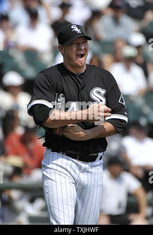 Chicago White Sox starting pitcher Jake Peavy stands on the mound after giving up a two-run home run to Minnesota Twins' Jason Kubel scoring Michael Cuddyer during the first inning at U.S. Cellular Field on August 31, 2011 in Chicago.     UPI/Brian Kersey Stock Photo