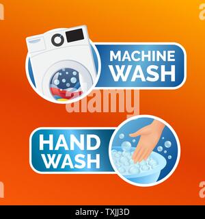 Washing clothes sticker set, instructions, colorful machine wash icon and hand wash symbol for label, vector illustration isolated. Stock Vector