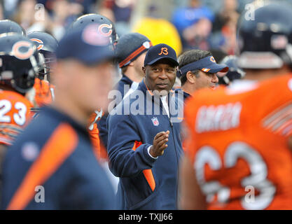 Chicago Bears head coach Lovie Smith talks to his players during warmups before their game against the Detroit Lions at Soldier Field on November 13, 2011 in Chicago.     UPI/Brian Kersey Stock Photo