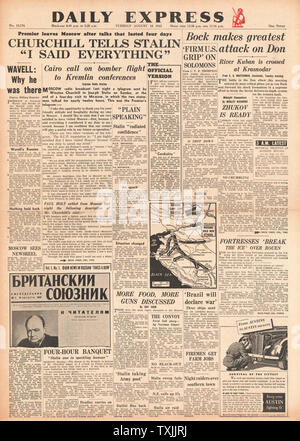 1942 front page Daily Express Churchill Visits Moscow, Battle for the Caucasus, Battle for Solomon Islands and U.S. Airforce Bomb Rouen Stock Photo