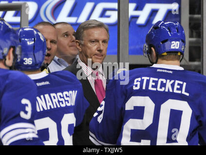 Toronto Maple Leafs head coach Ron Wilson stands on the bench during a timeout in the third period against the Chicago Blackhawks at the United Center on February 29, 2012 in Chicago. The Blackhawks won 5-4.     UPI/Brian Kersey Stock Photo