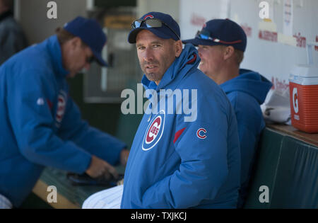 Chicago Cubs manager Dale Sveum sits in the dugout before the game against the Milwaukee Brewers at Wrigley Field on April 11, 2012 in Chicago.     UPI/Brian Kersey Stock Photo