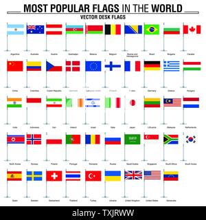 Most popular flags in the world. Flat desk flags on white background. Stock Vector