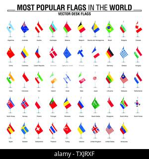 Most popular flags in the world. Desk flags on white background. Stock Vector