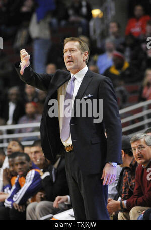 Phoenix Suns head coach Jeff Hornacek signals to his team during the fourth quarter at the United Center in Chicago on January 7, 2014. The Bulls defeated the Suns 92-87.       UPI/Brian Kersey Stock Photo