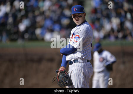 Chicago Cubs first baseman Anthony Rizzo stands on the field during the eighth inning against the Cincinnati Reds at Wrigley Field on April 18, 2014 in Chicago.      UPI Photo/Brian Kersey Stock Photo