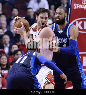 Dallas Mavericks guard Monta Ellis (L) and center Tyson Chandler (R) double team Chicago Bulls forward Pau Gasol during the first quarter at the United Center on December 2, 2014 in Chicago.     UPI/Brian Kersey Stock Photo