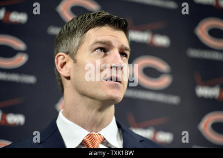 Chicago Bears general manager Ryan Pace introduces new head coach John Fox at a news conference at Halas Hall on January 19, 2015 in Lake Forest, Illinois.     UPI/Brian Kersey Stock Photo