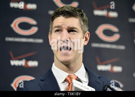 Chicago Bears general manager Ryan Pace introduces new head coach John Fox at a news conference at Halas Hall on January 19, 2015 in Lake Forest, Illinois.     UPI/Brian Kersey Stock Photo