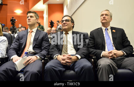 Chicago Bears general manager Ryan Pace (L-R), president Ted Phillips and chairman George McCaskey listen as new head coach John Fox speaks during his introductory news conference at Halas Hall on January 19, 2015 in Lake Forest, Illinois.     UPI/Brian Kersey Stock Photo