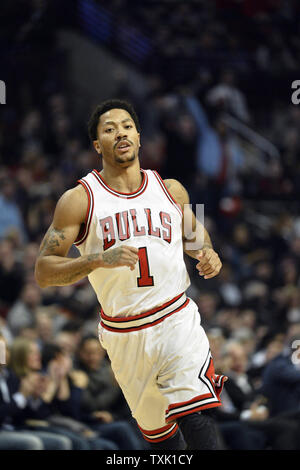 Chicago Bulls guard Derrick Rose runs up the court during the first quarter against the San Antonio Spurs at the United Center in Chicago on January 22, 2015.     UPI/Brian Kersey Stock Photo