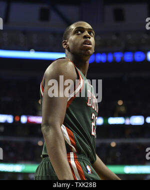 Milwaukee Bucks guard Khris Middleton stands on the floor during the second quarter of game 1 the first round of the NBA Playoffs against the Chicago Bulls at the United Center on April 18, 2015 in Chicago. The Bulls defeated the Bucks 103-91 and lead the best of seven series 1-0.     Photo by Brian Kersey/UPI Stock Photo
