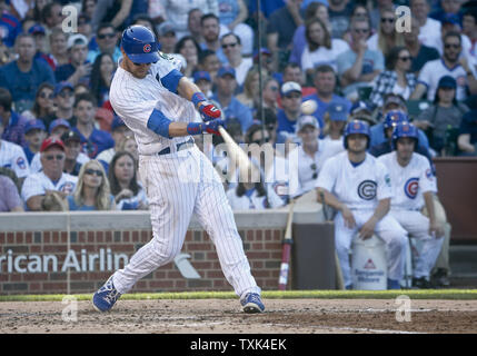 Chicago Cubs second baseman Ben Zobrist (18) hits a single against the Los Angeles Dodgers during the fifth inning at Wrigley Field in Chicago on May, 30, 2016. Photo by Kamil Krzaczynski/UPI Stock Photo