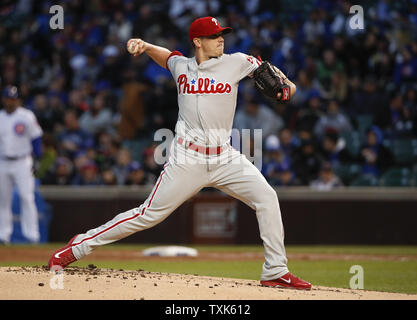 Philadelphia Phillies starting pitcher Jeremy Hellickson pitches against the Chicago Cubs during the first inning at Wrigley Field on May 2, 2017 in Chicago. Photo by Kamil Krzaczynski/UPI Stock Photo