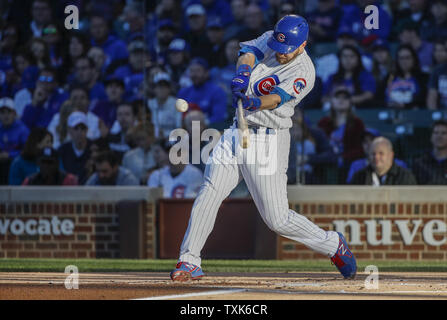 Chicago Cubs Ben Zobrist hits a double off Miami Marlins starting pitcher Dan Straily in the first inning at Wrigley Field on June 5, 2017 in Chicago. Photo by Kamil Krzaczynski/UPI Stock Photo