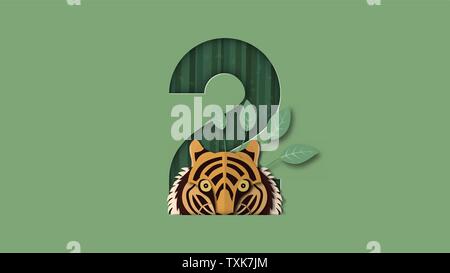 International tiger day with face and number. Vector illustration in paper cut and craft style. Stock Vector