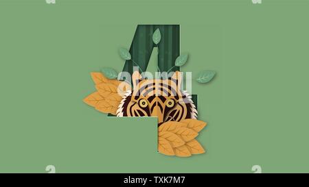 International tiger day with face and number. Vector illustration in paper cut and craft style. Stock Vector