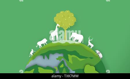 Wildlife animals are around the world. Minimalism deign in paper cut and craft style. Art digitalcraft for world environment day. Stock Vector