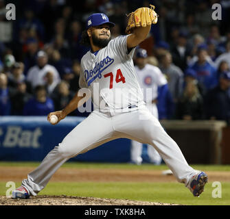 Los Angeles Dodgers Kenley Jansen throws against the Chicago Cubs in the ninth inning of game 5 of the National League Championship Series at Wrigley Field in Chicago on October 19, 2017.  The Dodgers lead the Cubs 3-1 in the best of seven game series. Photo by Kamil Krzaczynski/UPI Stock Photo