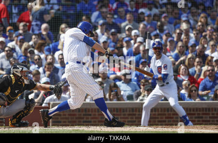 Chicago Cubs left fielder Ben Zobrist hits two run single against the Pittsburgh Pirates in the second inning in at Wrigley Field on April 8, 2019 in Chicago. Photo by Kamil Krzaczynski/UPI Stock Photo