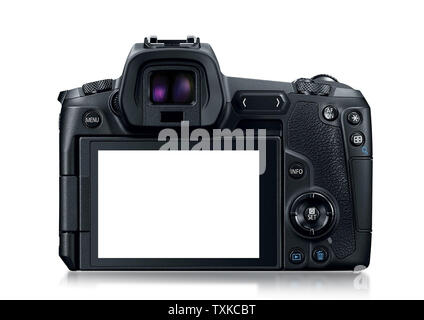 Back side of modern Canon mirrorless digital camera on a white background as illustration graphic Stock Photo