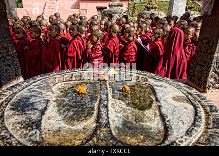 Group of Tibetan monks visiting the Mahabodhi Temple, Bodhgaya, Bihar, India. Stock Photo