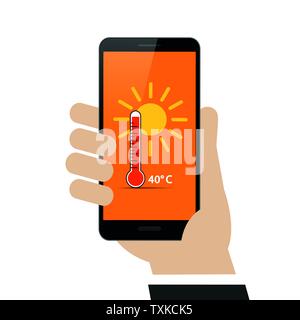 hand holds smartphone with summer weather report 40 degrees on display vector illustration EPS10 Stock Vector