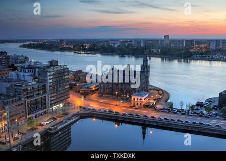 Aerial view over the city of Antwerp in Belgium from the MAS tower at twilight time. Stock Photo