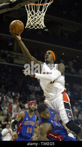 Charlotte Bobcats guard Gerald Wallace drives to the basket against the Detroit Pistons at the Charlotte Bobcats Arena in Charlotte, North Carolina on January 12, 2008. Detroit won 103-100 in overtime. (UPI Photo/Nell Redmond) Stock Photo