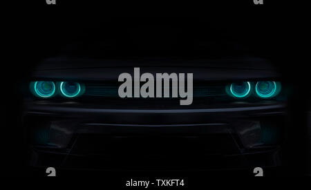 silhouette of black sports car with headlights on black background, photorealistic Stock Photo