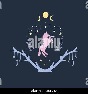 Unicorn in the night with starry sky and the moon. Fantasy style, magical forest dream conceptual illustration, tattoo art Stock Vector