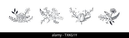 Floral pastel color vector bouquet with rose, peony, anemone, sakura, wild flowers. Hand drawn rustic isolated objects. Decorative Invitation cards Stock Vector