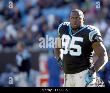 Carolina Panthers defensive end Charles Johnson (95) freacts to a