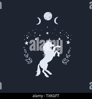 Unicorn in the night with starry sky and the moon. Fantasy style, magical forest dream conceptual illustration, tattoo art Stock Vector