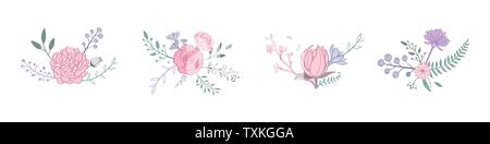Floral pastel color vector bouquet with rose, peony, anemone, sakura, wild flowers. Hand drawn rustic isolated objects. Decorative Invitation cards Stock Vector