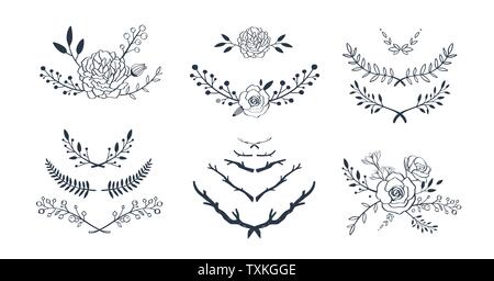 Floral vector set with bouquet with rose, peony, anemone, sakura, wild flowers. Hand drawn rustic isolated frames, borders, wreath . Stock Vector