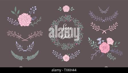 Floral vector set with bouquet with rose, peony, anemone, sakura, wild flowers. Hand drawn rustic isolated frames, borders, wreath Stock Vector