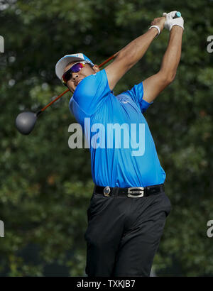 Hideki Matsuyama, of Japan, hits his tee shot off the 16th tee box during the first round of the 2017 PGA Championship at the Quail Hollow Club in Charlotte, North Carolina on August 10, 2017. Photo by Nell Redmond/UPI