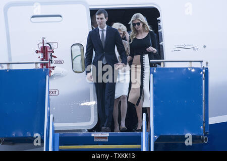 Ivanka Trump and husband Jared Kushner walk out from touring the new Boeing 787-10 Dreamliner aircraft ahead of President Donald Trump at the Boeing factory in North Charleston, SC on February 17, 2016. The visit comes two days after workers at the South Carolina plant voted to reject union representation in a state where Trump won handily.   Photo by Richard Ellis/UPIJ Stock Photo