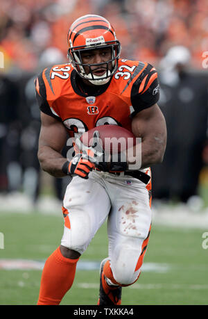 The Cincinnati Bengals running back Rudi Johnson (32) rushes up the middle  for a 4-yard touchdown in the fourth quarter after pushing Baltimore Ravens  linebacker Ray Lewis (52) into the end zone