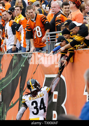 Pittsburgh Steelers DeAngelo Williams (34) gives the football to a Steelers fan as he celebrates his touchdown against the Cincinnati Bengals during the second half of play against the Cincinnati Bengals at Paul Brown Stadium in Cincinnati, Ohio, December 13, 2015.      Photo by John Sommers II/UPI Stock Photo